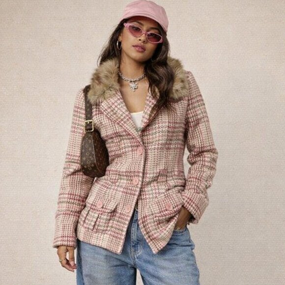 Vintage Jackets & Blazers - Vintage Y2K Hollister Co Penny Lane Coat Jacket Wool Blend Woven Plaid 70s Retro